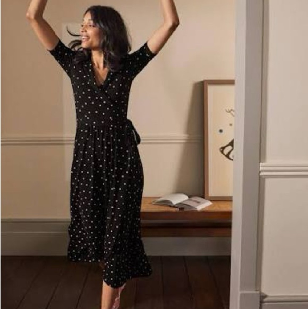 Boden Black Lavinia Wrap Dress with Pink Polka Dots Tall size 14
